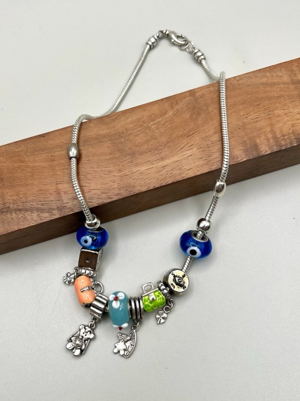 Evil Eye Lampwork Glass European Charm Bead Necklace Silver Tone Boho Y2K